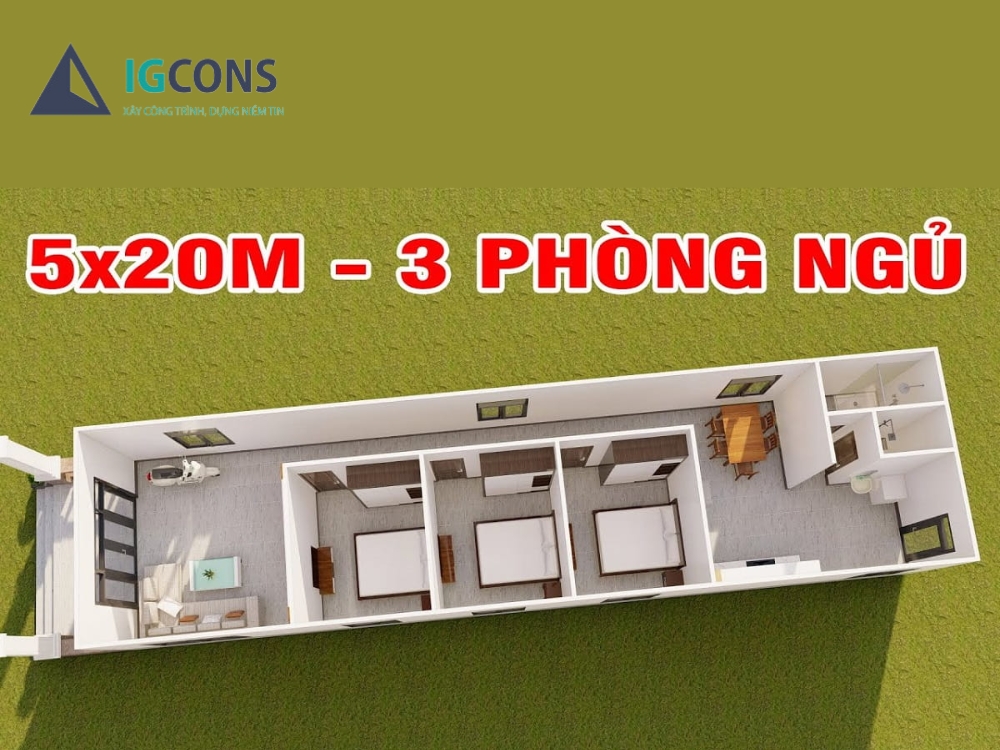 Nhà cấp 4 mái thái 5×20 3 phòng ngủ số 2