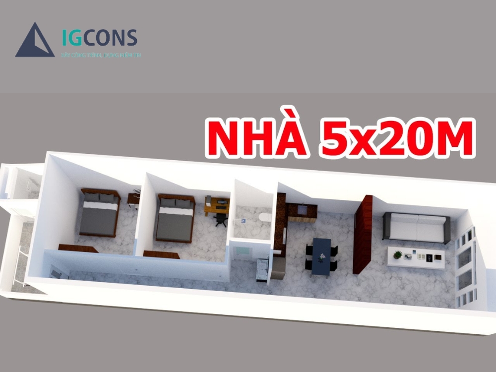 Mẫu nhà cấp 4 đẹp 5x20 2 phòng ngủ số 2