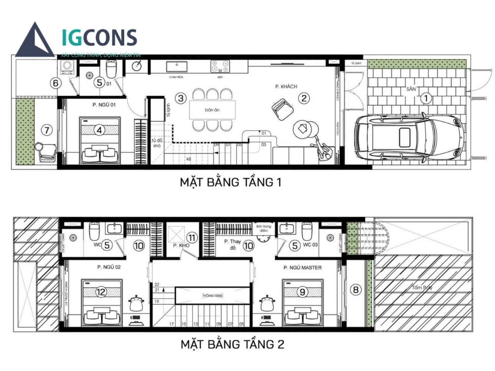 Bản vẽ mặt bằng nhà 2 tầng mái thái 80m2