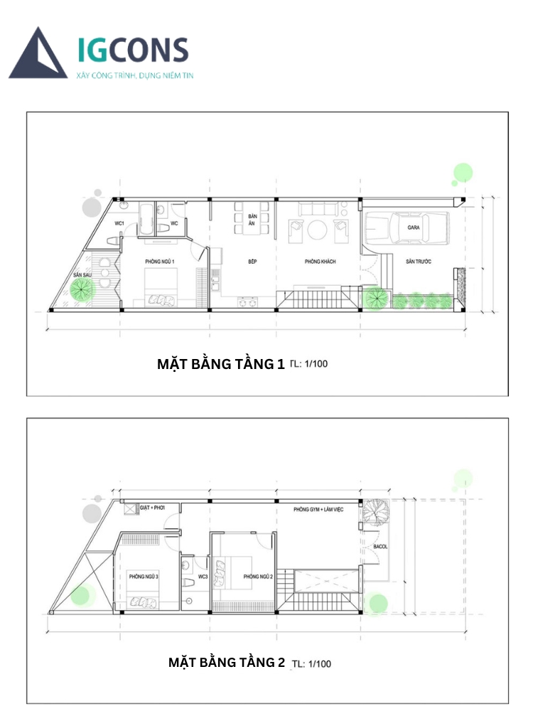 Bản vẽ 3d nhà ống 2 tầng 5×20 có gara