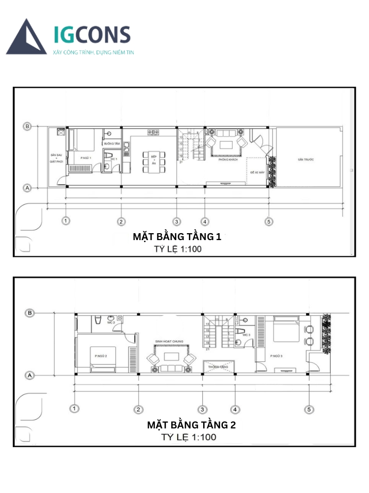 Bản vẽ 3d nhà ống 2 tầng 5×20 có sân thượng