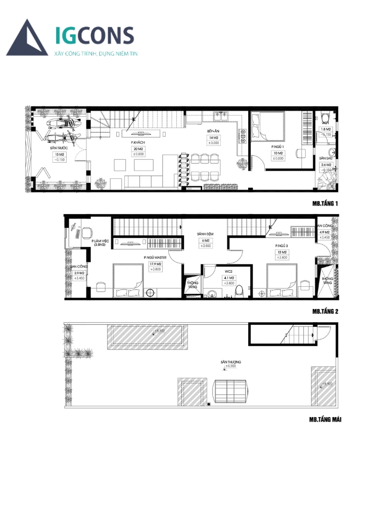 Bản vẽ 3d nhà ống 2 tầng 5x20 1 tum