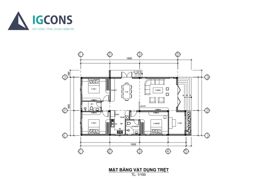 Bản vẽ mặt bằng nhà cấp 4 3 phòng ngủ