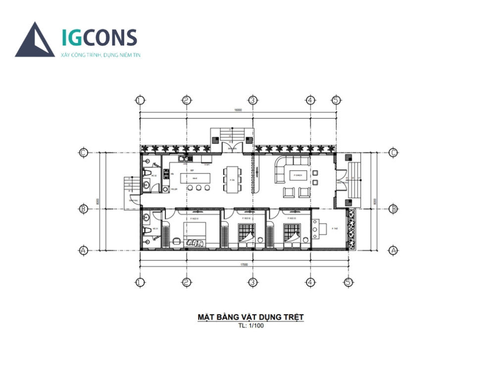 Bản vẽ nhà cấp 4 3 phòng ngủ 1 phòng thờ