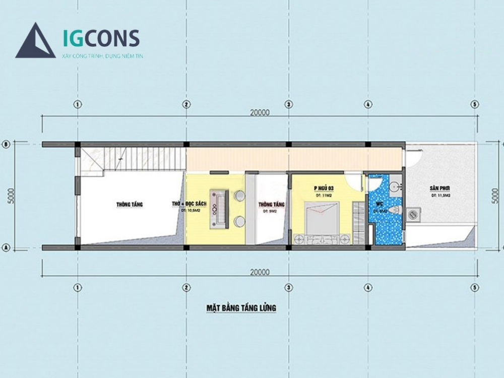 Tầng 2 mẫu nhà gác lửng 5x20