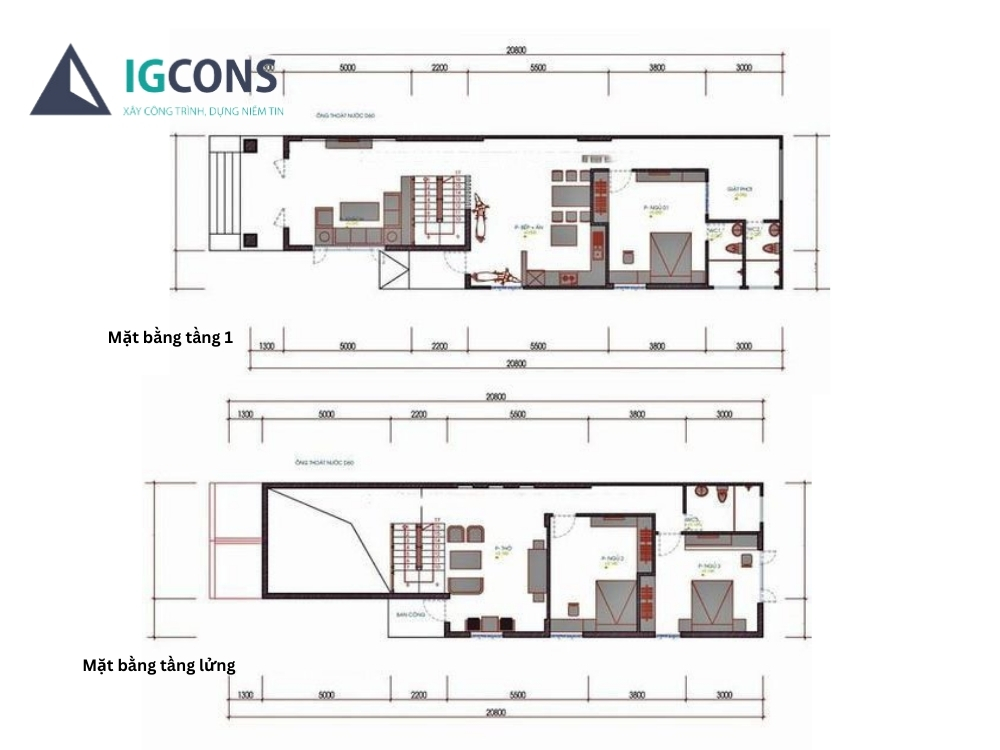 Bản vẽ nhà gác lửng cấp 4 3 phòng ngủ 5x20 