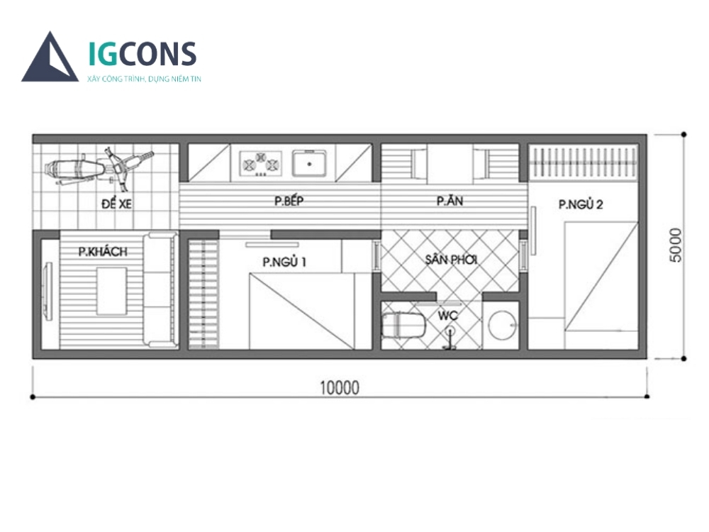 Bản vẽ thiết kế, công năng nhà cấp 4 5x10m