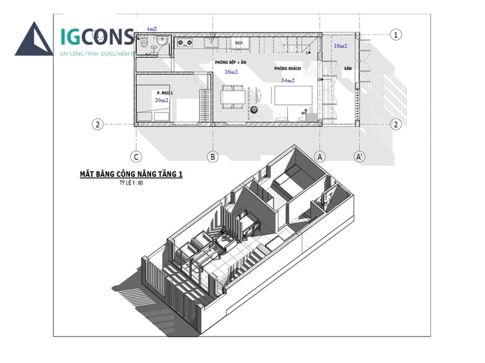 Bản vẽ thiết kế nhà ống 5x20m 1 tầng