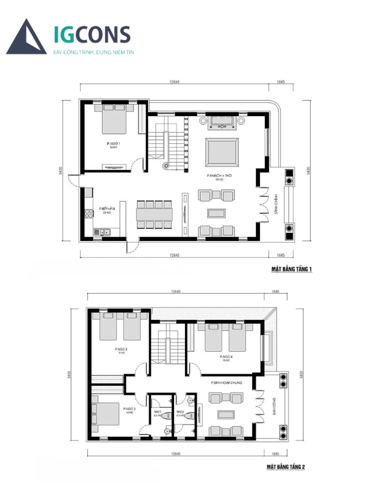 Bản vẽ thiết kế nhà vuông 2 tầng 80m2