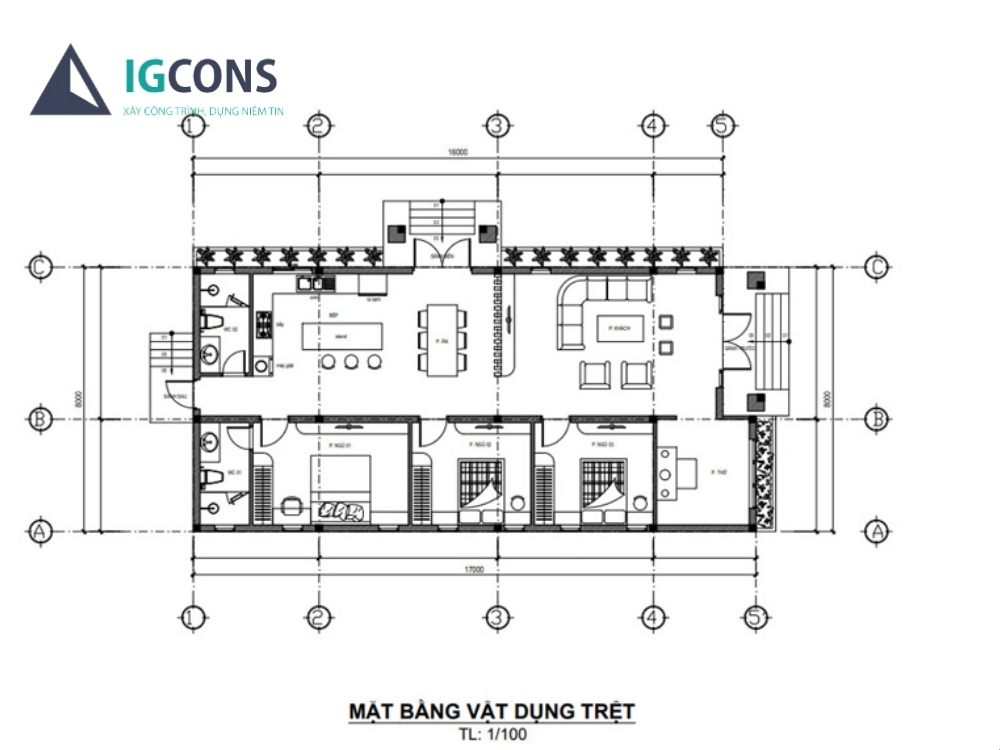 Thiết kế nhà cấp 4 mái lệch 3 phòng ngủ