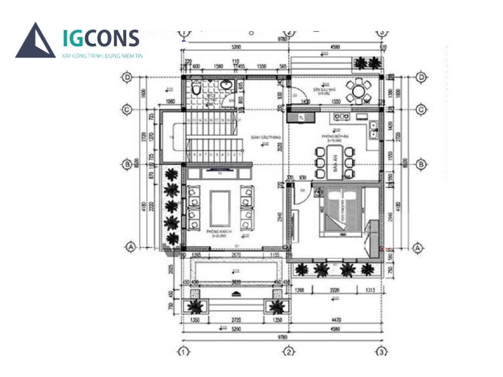 Bản vẽ tầng 1 thiết kế nhà vuông 8x9m 2 tầng