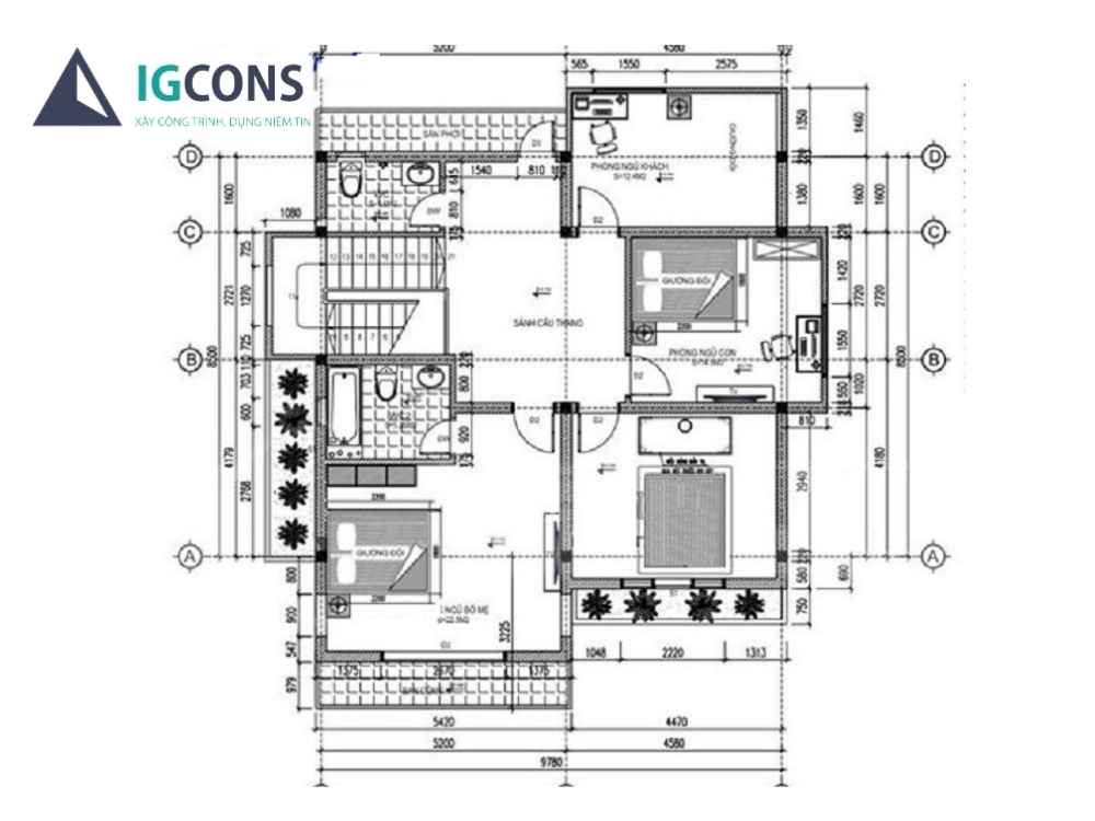 Bản vẽ tầng 2 thiết kế nhà vuông 8x9m 2 tầng