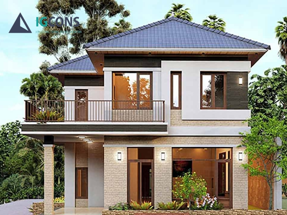 Nhà vuông 8x9m 2 tầng có phòng thờ mẫu số 1