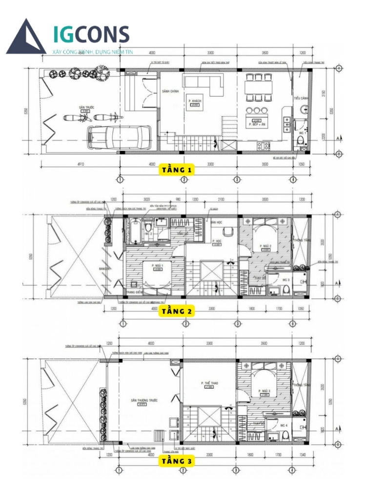 Bản vẽ thiết kế nhà ống 3 tầng đẹp kiểu Pháp