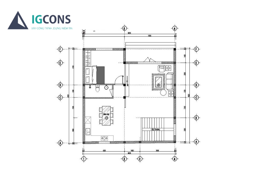 Bản vẽ thiết kế nhà vuông 10x10 2 tầng - tầng 1