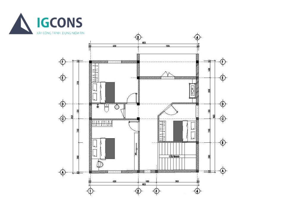 Bản vẽ thiết kế nhà vuông 10x10 2 tầng - tầng 2