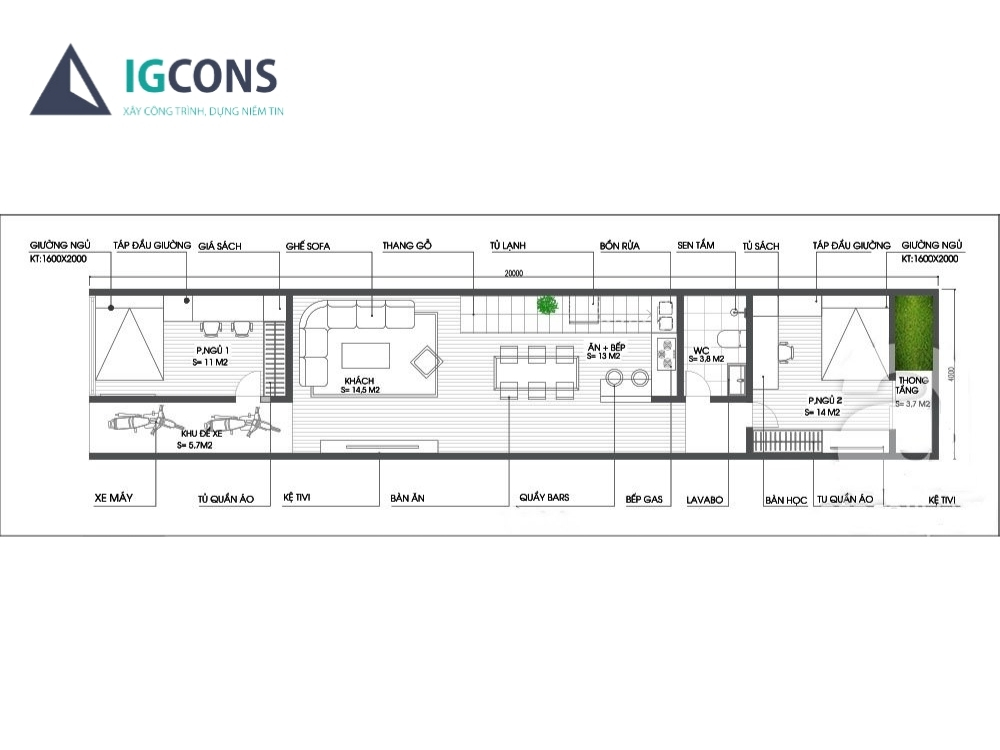 Bản vẽ mẫu nhà ống 1 tầng 2 phòng ngủ chi tiết nhất