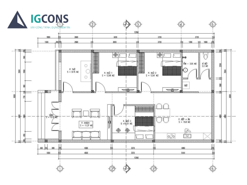 Bản vẽ mặt bằng nhà 1 tầng 3 phòng ngủ