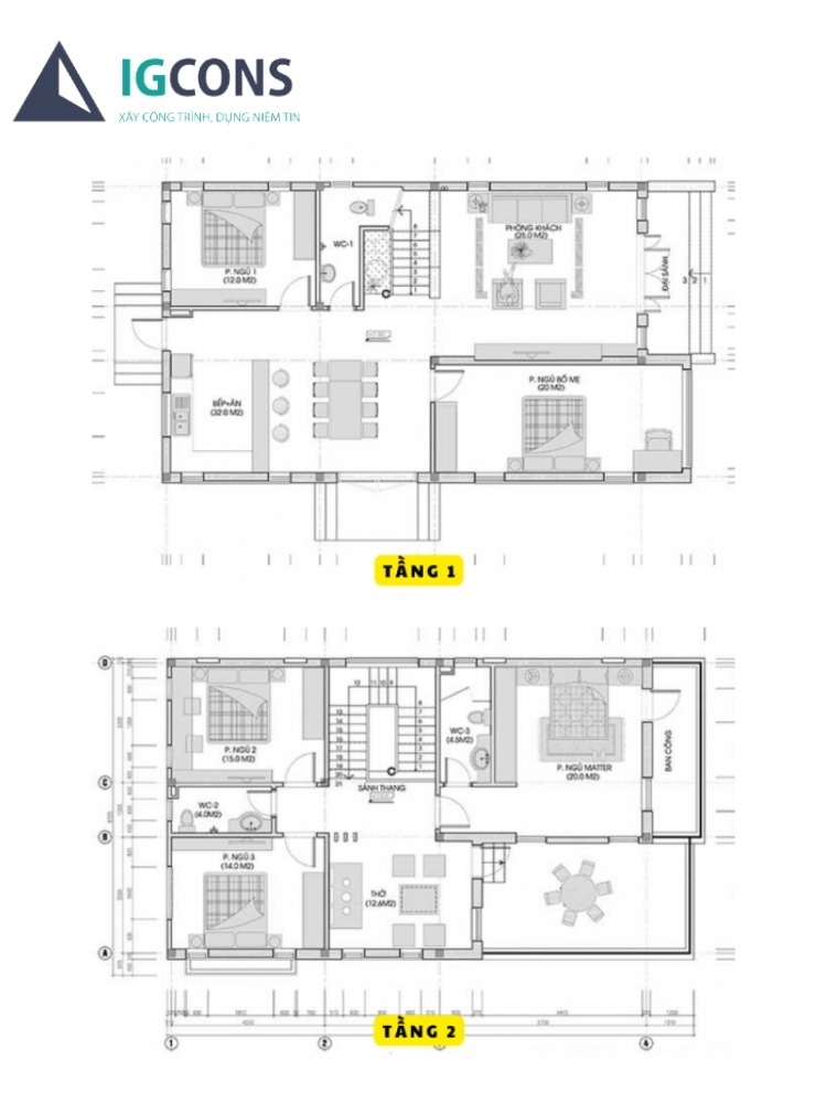 Bản thiết kế nhà 2 tầng 5 phòng ngủ 100m2 đảm bảo sự hài hòa