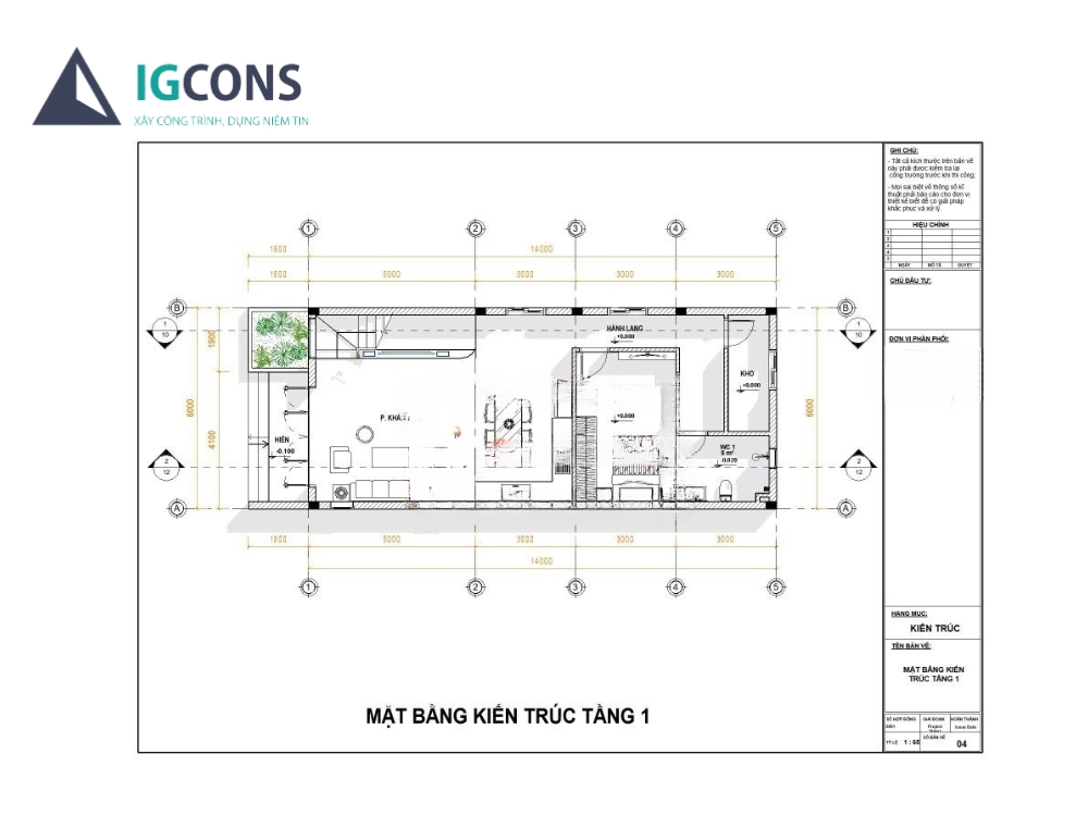 Bản vẽ thiết kế nhà 2 tầng có gác lửng 5x10m tầng 1