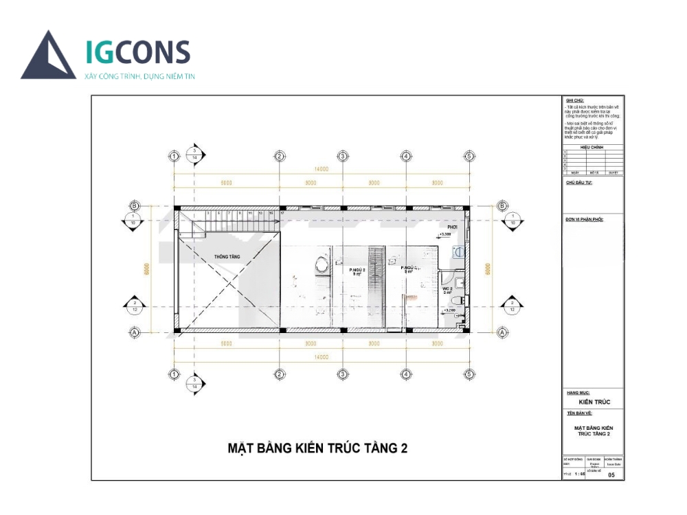 Bản vẽ thiết kế nhà 2 tầng có gác lửng 5x10m tầng 2