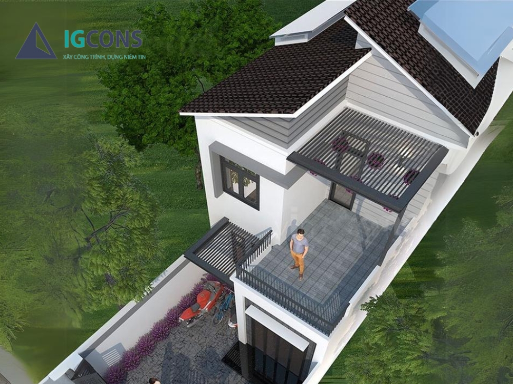 Nhà 2 tầng có gác lửng mái tôn có lan can 5x10m số 3