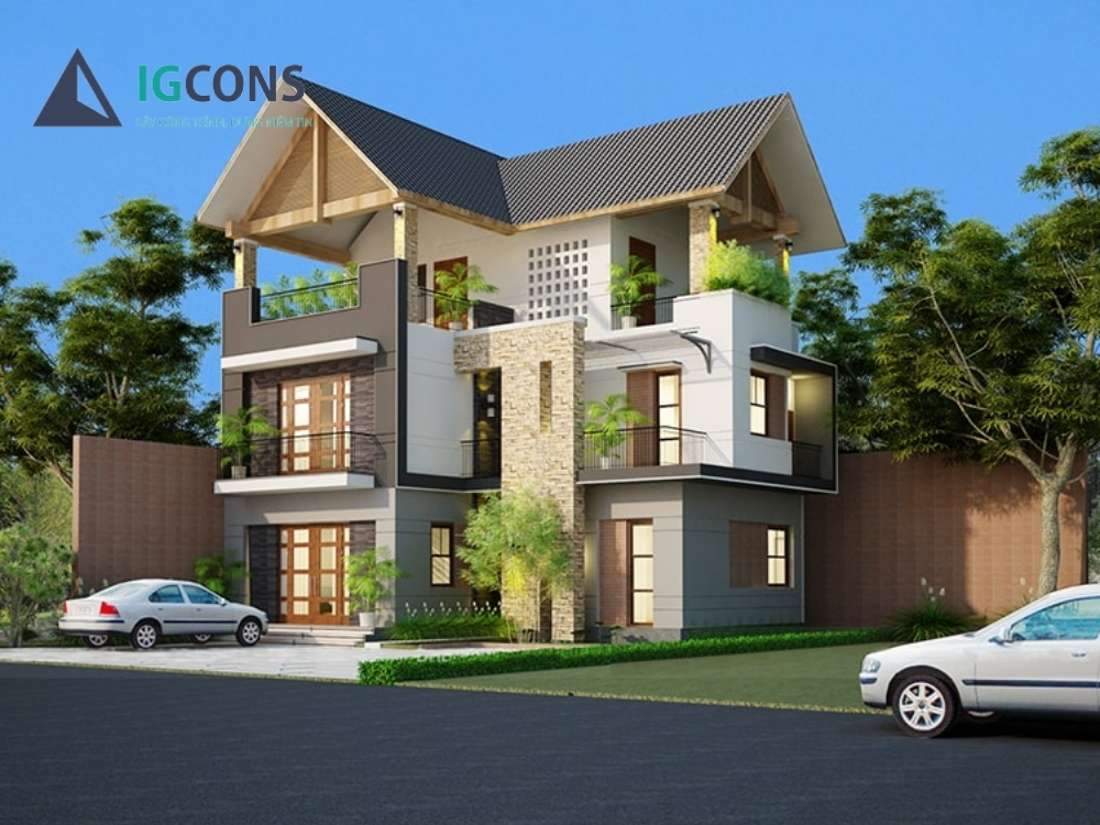 Thiết kế nhà 3 tầng 100m2 chữ L mẫu 1