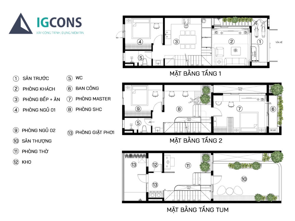 Bản vẽ thiết kế nhà ống 2 tầng 1 tum 3 phòng ngủ