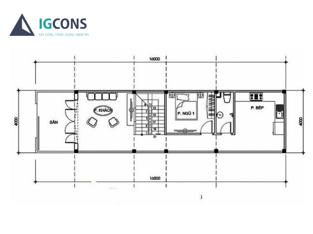 Bản vẽ nhà ống 2 tầng 1 tum 3 phòng ngủ có phòng thờ riêng tầng 1 