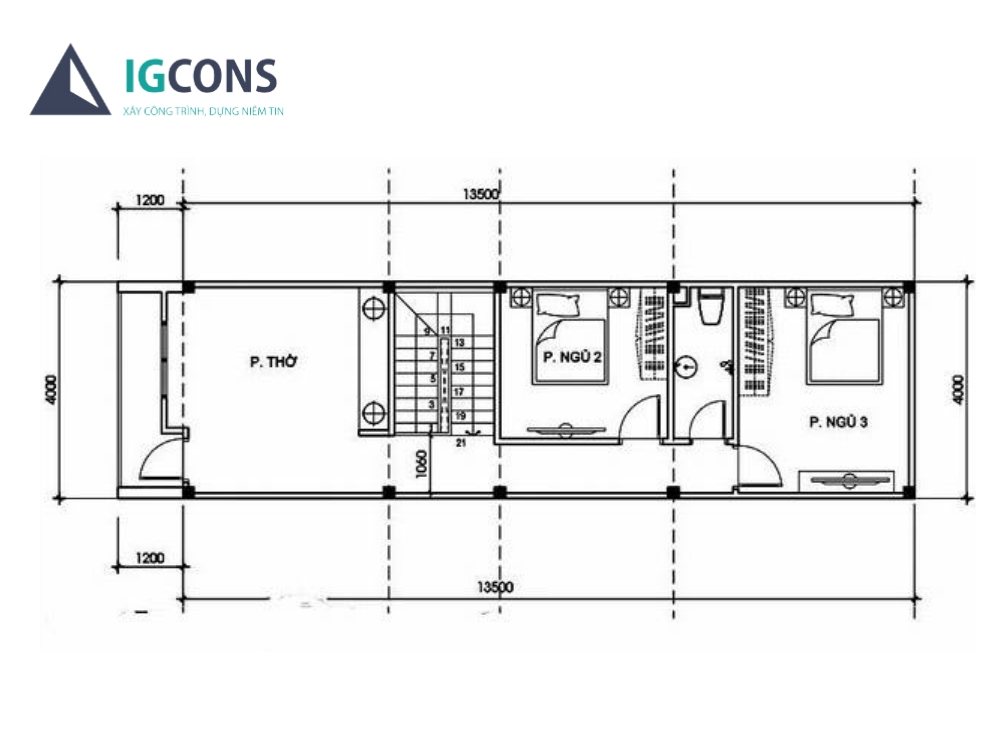 Bản vẽ nhà ống 2 tầng 1 tum 3 phòng ngủ có phòng thờ riêng tầng 2