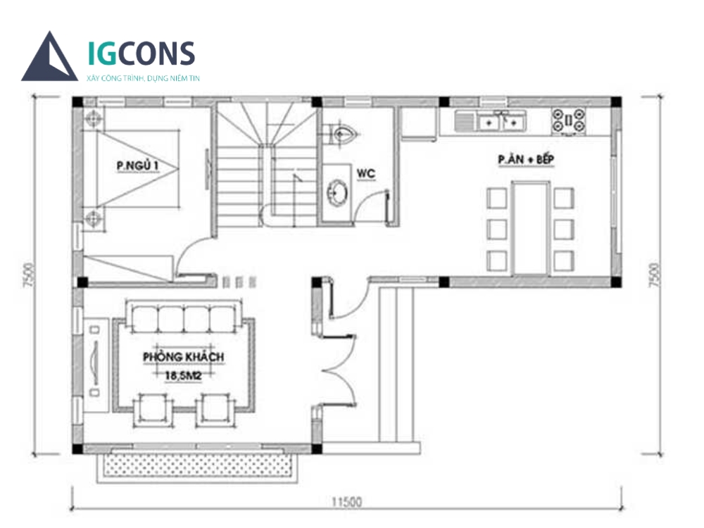 Tham khảo bản vẽ cad tầng 1 nhà chữ L 2 tầng 70m2