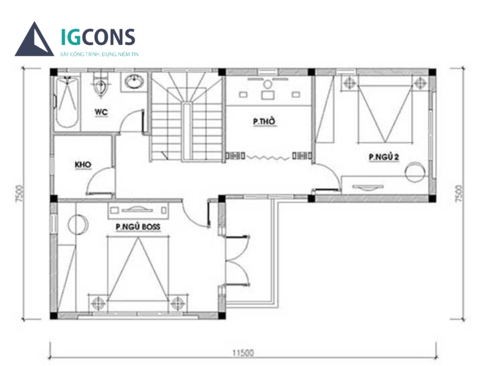 Tham khảo bản vẽ cad tầng 2 nhà chữ L 2 tầng 70m2