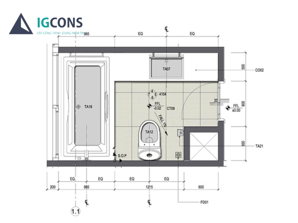 Bản vẽ chi tiết nhà vệ sinh tích hợp nhà tắm